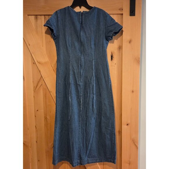 Vtg. Bobbie Brooks Dress Cottage Maxi Sz M Embroidered Floral Denim Modest Tie - Picture 2 of 16